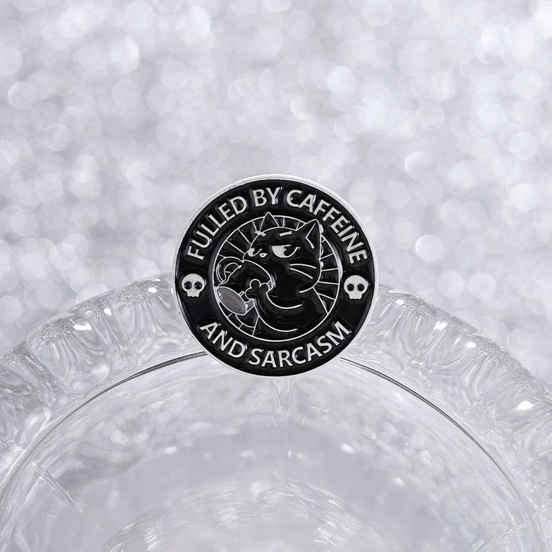 Caffeine & Sarcasm Black Cat Enamel Pin