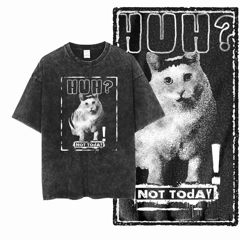 Distressed black tee with confused void‑cat and ‘Not Today’ graphic — chaotic‑cute alt aesthetic gremlin gift