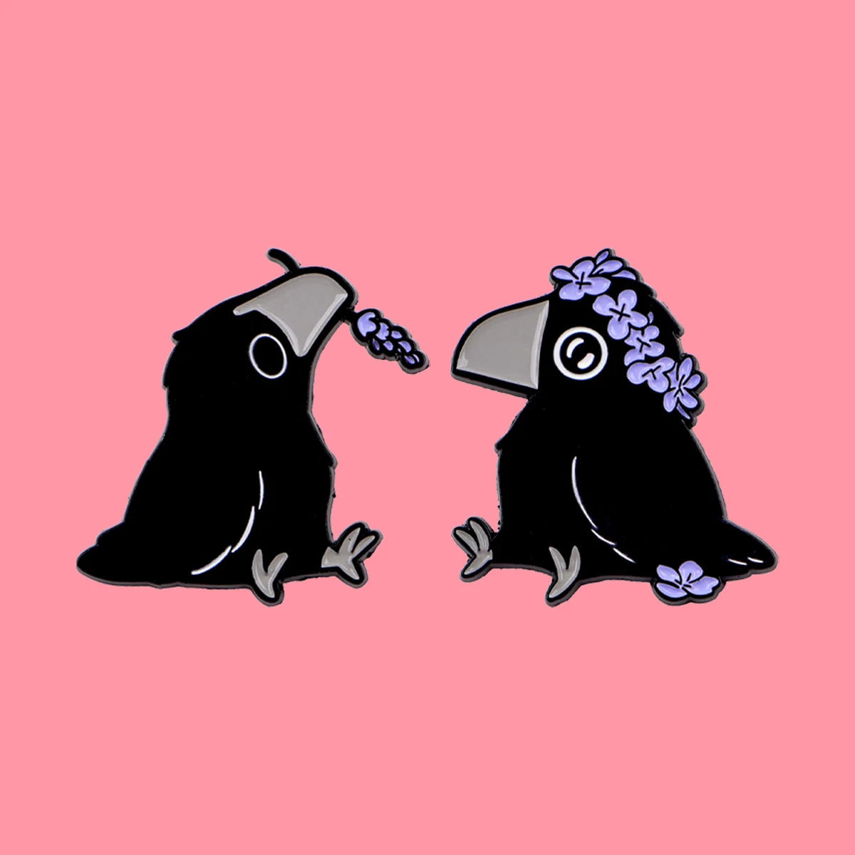 Floral Familiar Crow Enamel Pin Set (2pcs)