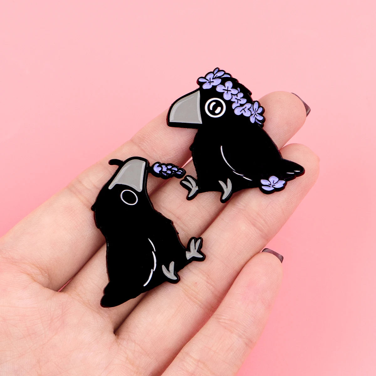 Floral Familiar Crow Enamel Pin Set (2pcs)
