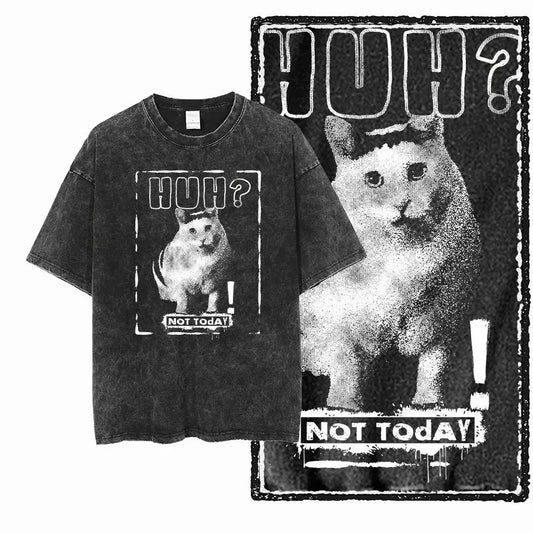 Distressed black tee with confused void‑cat and ‘Not Today’ graphic — chaotic‑cute alt aesthetic gremlin gift